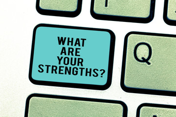 Word writing text What Are Your Strengthsquestion. Business concept for Tell us your best qualities skills Keyboard key Intention to create computer message pressing keypad idea