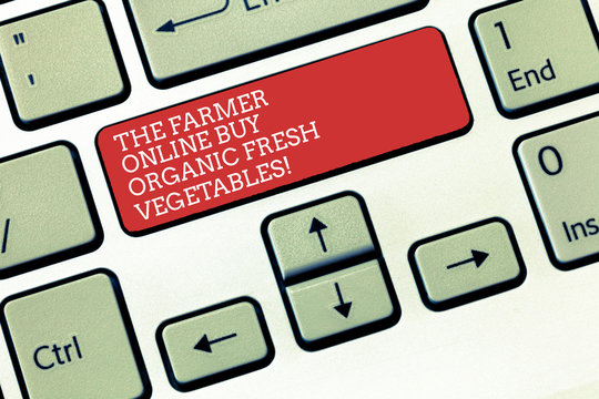 Text sign showing The Farmer Online Buy Organic Fresh Vegetables. Conceptual photo Purchase healthy food Keyboard key Intention to create computer message, pressing keypad idea