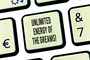 Conceptual hand writing showing Unlimited Energy Of The Dreams. Business photo text Optimistic be hopeful pursue your goals Keyboard key Intention to create computer message idea