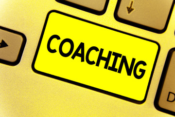 Writing note showing Coaching. Business photo showcasing person supports client in achieving specific personal goal Keyboard yellow Intention create computer computing reflect document