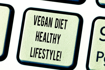Text sign showing Vegan Diet Healthy Lifestyle. Conceptual photo Healthy lifestyle eating vegetables and fruits Keyboard key Intention to create computer message pressing keypad idea