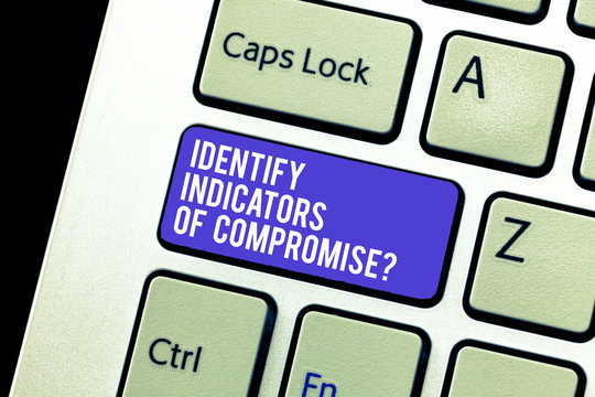 Conceptual hand writing showing Identify Indicators Of Compromise. Business photo showcasing Detect malware online attacks hacking Keyboard Intention to create computer message keypad idea