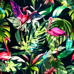 Panele Szklane  Kwiatowy wzór bezszwowe tło. Tropikalne liście z trzema flamingami wokół na ciemno. Ręcznie rysowane, wektor - czas.