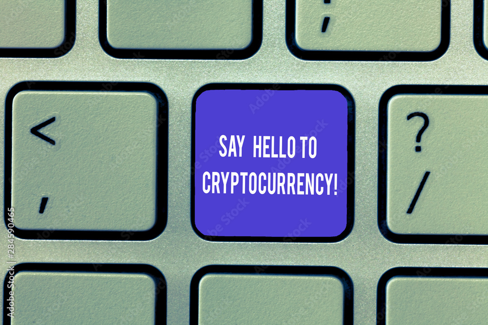 Aufkleber writing note showing say hello to cryptocurrency. business photo showcasing introducing decentralize
