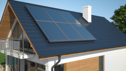 Solar collector panels on roof, 3D illustration © Studio Harmony
