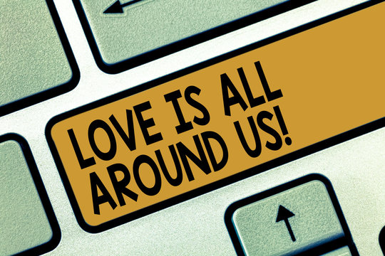 Handwriting text writing Love Is All Around Us. Concept meaning Inspiration motivation roanalysistic feelings emotions Keyboard key Intention to create computer message pressing keypad idea