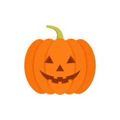 Halloween pumpkin icon. Vector. Autumn symbol. Flat design. Halloween scary pumpkin with smile, happy face. Orange squash silhouette isolated on white background. Cartoon colorful illustration.