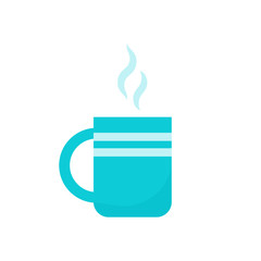 Cup of tea icon. Vector. Flat design. Blue teacup with steam isolated on white background. Mug of coffee. Cartoon colorful illustration. Clay tableware.