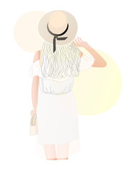 Back view of girl in dress standing with purse. Simmple art, vector illustration, flat design. Beautiful sexy girl in hat. Summer vector poster in retro style. on white background.