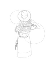 Back view of girl in dress standing with purse. Simmple art, vector illustration, flat design. Beautiful sexy girl in hat. Summer vector poster in retro style. on white background. Oneline continuous