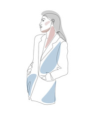 Pretty girl continuous line drawing minimalist design on white background. Fashionable girl standing in a long blue coat. One line art, continuous black line. Flat design.