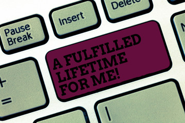 Conceptual hand writing showing A Fulfilled Lifetime For Me. Business photo text Realization achievements Accomplish goals Keyboard Intention to create computer message keypad idea