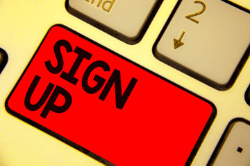 Handwriting text writing Sign Up. Concept meaning use your information to register in website team college or blog Keyboard red key Intention create computer computing reflection document