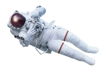 The astronaut, with the device in hands, in a space suit, isolated on a white background. Elements of this image were furnished by NASA - obrazy, fototapety, plakaty