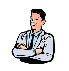 Fototapeta premium Confident male doctor. Medicine, hospital logo or emblem. Vector illustration