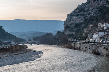 View of Gorica bridge crossing Osum river in Berat, Albania.