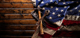 Old and worn work tools on large American flag - Labor day background