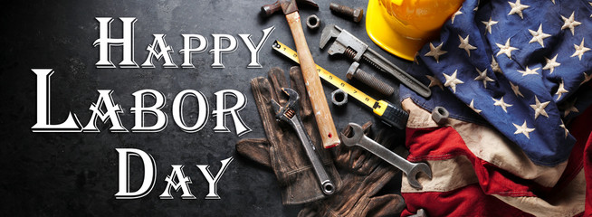 Happy Labor day background with construction and manufacturing tools with patriotic US, USA, American flag background - Happy Labor Day