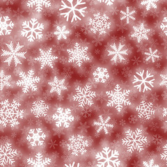 Christmas seamless pattern of white snowflakes of different shapes on red background