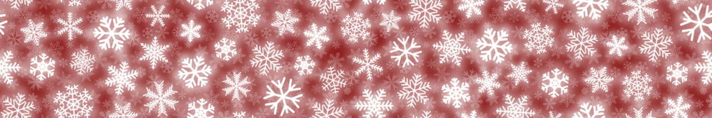 Naklejka na ściany i meble Christmas horizontal seamless banner of white snowflakes on red background