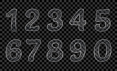 Silver glitter alphabet numbers  1,2,3,4,5,6,7,8,9,0 on transparent background. Design Element  Chinese New Year, Wedding, Birthday, Holiday Poster,  Invitation, Banner, Postcard. Isolated.  Vector