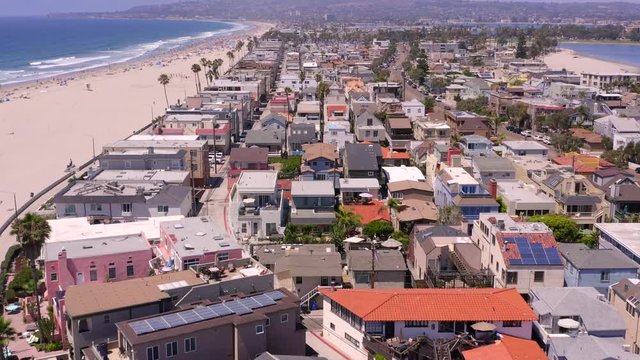 Aerial Low Fly Over of South Mission Beach Houses San Diego