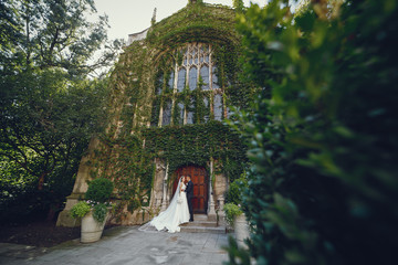 Fototapeta premium Elegant bride in a white dress and veil. Handsome groom in a blue suit. Couple near large building