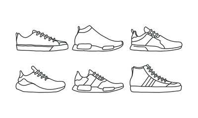 Set of sports and lifestyles shoes, sneaker vector hand drawn collection, shoe lineart icon. new shoe illustration for sport & branding design element