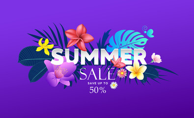 Fototapeta na wymiar Summer sale tropical vector, colorful flower design background, illustration