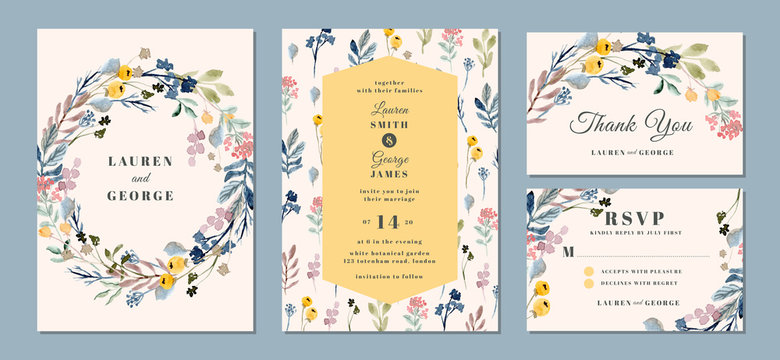 wedding invitation suite with beautiful floral background watercolor