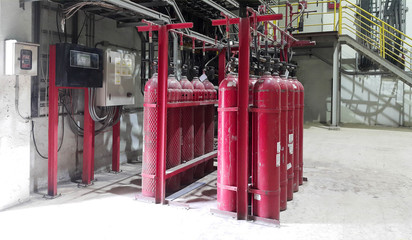 Fire fighting system red pipe have manual valves and pressure gauge to storage tank in factory