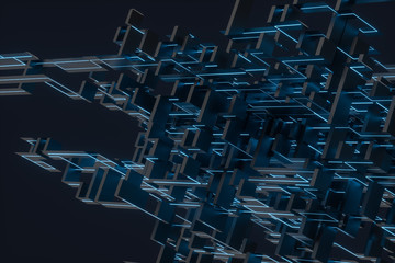 Blue cyber space with crossed glowing lines, 3d rendering.