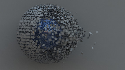 Abstract 3D illustration of sphere disintegrating from physics