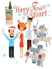 Happy New Year. Holiday at the office. Cheerful colleagues congratulate. Vector full color graphics with cute characters