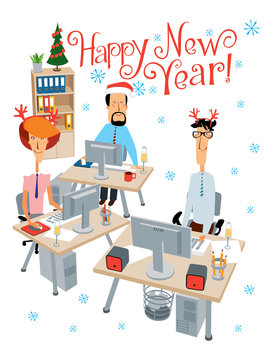 Happy New Year. Holiday at the office. Cheerful colleagues work and congratulate. Vector full color graphics with cute characters