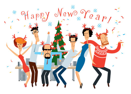 Happy New Year. The party at the office is in full swing. Cheerful colleagues are dancing. Vector full color graphics with cute characters