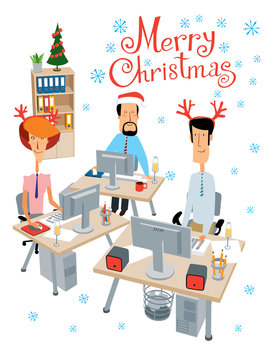 Merry Christmas. Party at the office. Cheerful colleagues celebrate and work. Vector full color graphics with cute characters