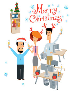 Merry Christmas. Party at the office. Cheerful colleagues celebrate. Vector full color graphics with cute characters
