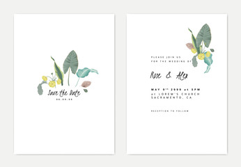 Minimalist botanical wedding invitation card template design, creeping buttercup flowers and various leaves on white