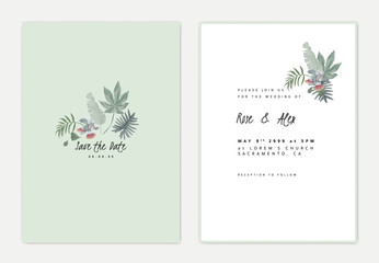 Minimalist botanical wedding invitation card template design, Eucalyptus rhodantha flowers and various leaves on light green