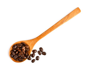 coffee bean isolated in wood spoon on white background