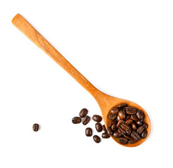 coffee bean isolated in wood spoon on white background