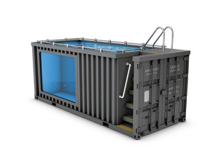 Converted old shipping container into swimming pool, isolated white 3d Illustration
