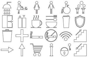 General icons for public place. Vector black line icon isolated on the white background. Service signs icon set.