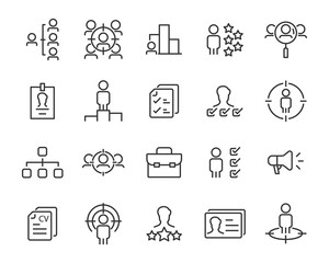 set of job icons, head hunting, work, cv, hr, organization, manage