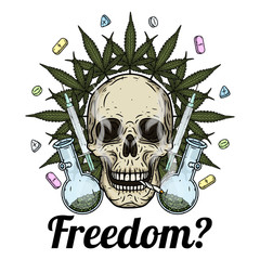 Skull. Skull with bong and marijuana leaves. Rastaman skull with cannabis leafs and spliff.