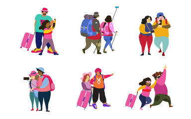 Tourist characters. Young couple family, tourists travelling with backpacks and bags, suitcases. Summer vacation people isolated vector. Illustration of summer tourist character, woman and man.