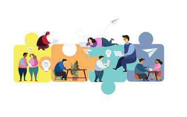 Business concept. Team metaphor. people connecting puzzle elements. Vector illustration flat design style. Symbol of teamwork, cooperation, partnership.