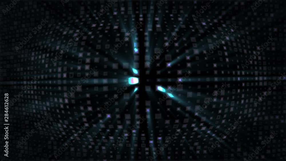 Poster rotating sphere with diverging rays of neon light, techno background.