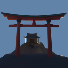 Chinese temple and traditional oriental arch of Torii at night. 3D render